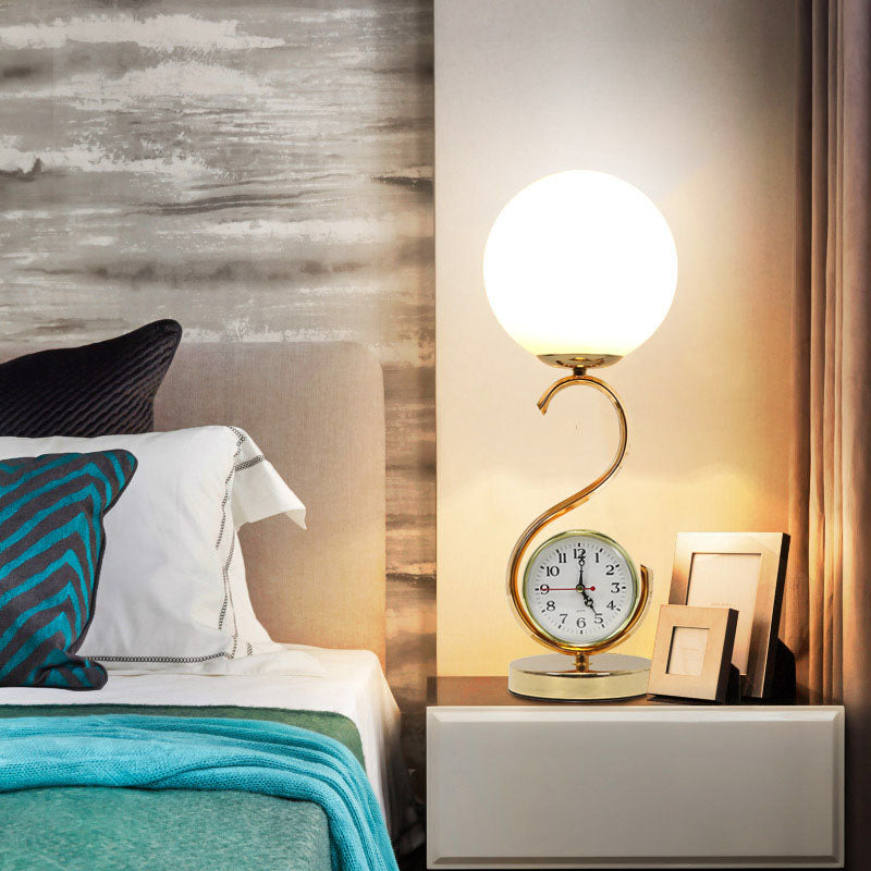 Contemporary Creative Orb Clock Iron Glass 1-Light Table Lamp For Bedroom