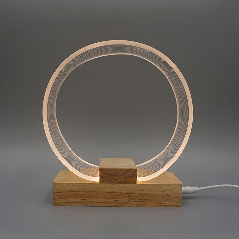 Nordic Minimalist High Translucent Acrylic Circle Ring Beech Wood Base LED Table Lamp