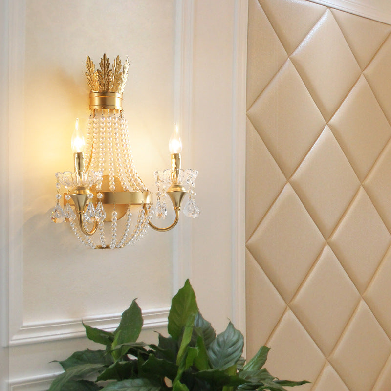 Modern Luxury Half Round Tassel Crystal Iron Pearl 2-Light Wall Sconce Lamp For Bedroom