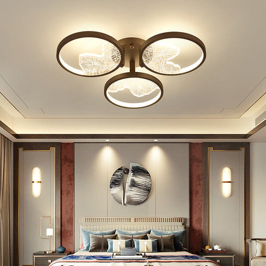 Traditional Chinese Zen Iron Round Frame Acrylic Flower Pattern LED Semi-Flush Mount Ceiling Light For Living Room