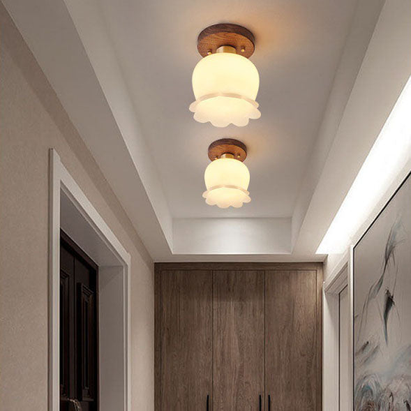 Modern Minimalist Bellflower Walnut Resin 1-Light Semi-Flush Mount Ceiling Light