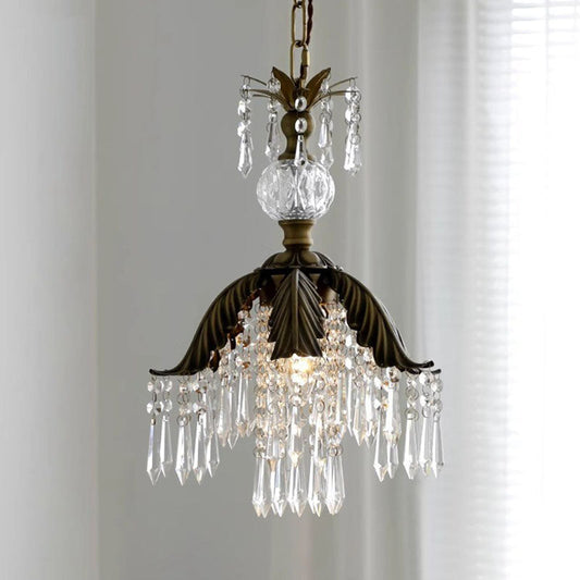 Traditional Vintage Brass Iron Crystal Pineapple Flower 1-Light Pendant Light For Hallway