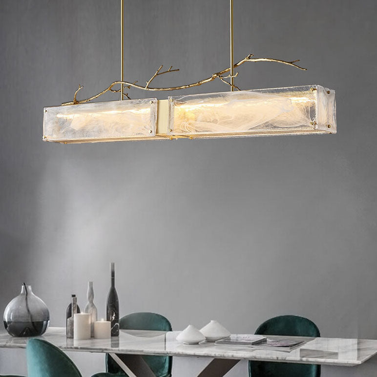 ثريا جزيرة LED زجاجية مستطيلة فاخرة من Nordic Light مصنوعة من النحاس بالكامل 