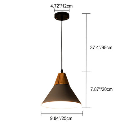 Industrial Minimalist Cone Wood Iron 1-Light Pendant Light