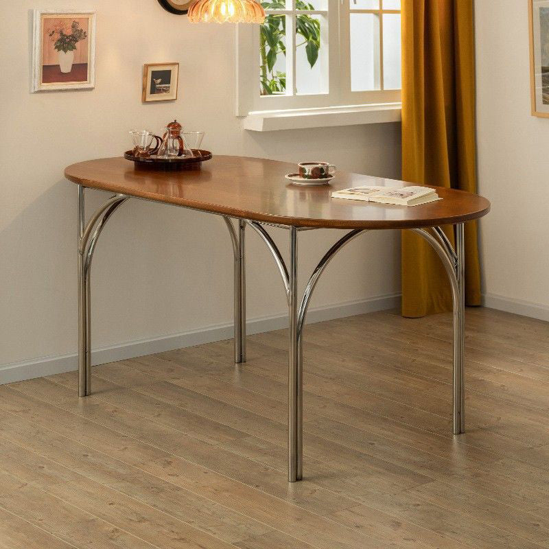 Traditional Vintage Elliptical Pine Ash Wood Stainless Steel Dining Table For 4 Seats