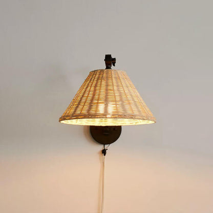 Vintage Chinese Rattan Cone Shade Iron Swing Arm 1-Light Wall Sconce Lamp