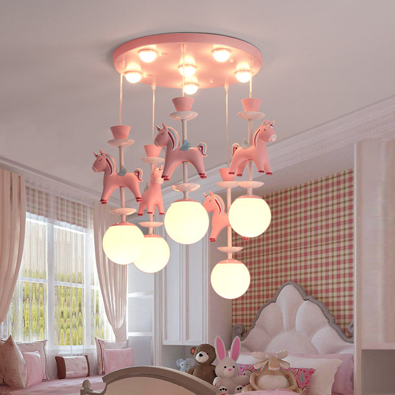 Modern Art Deco Kids Iron Resin Glass Round Base Ball Horse 1/3/5 Light Flush Mount Ceiling Light For Bedroom