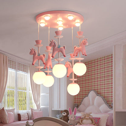 Modern Art Deco Kids Iron Resin Glass Round Base Ball Horse 1/3/5 Light Flush Mount Ceiling Light For Bedroom