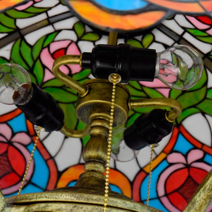 Traditional Tiffany Peach Stained Glass Dome 4-Light Table Lamp For Study