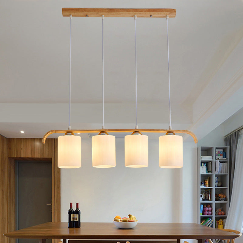 Contemporary Scandinavian Long Cylinder Glass Wood 4-Light Island Light Chandelier For Living Room