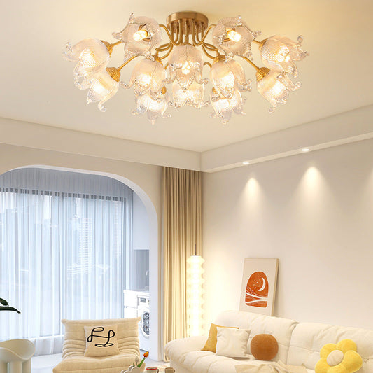 Traditional European Copper Glass Flower 5/12/15 Light Semi-Flush Mount Ceiling Light For Living Room