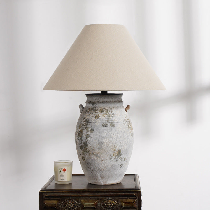 Traditional Vintage Ceramic Fabric Metal Conic Pot 1-Light Table Lamp For Bedside
