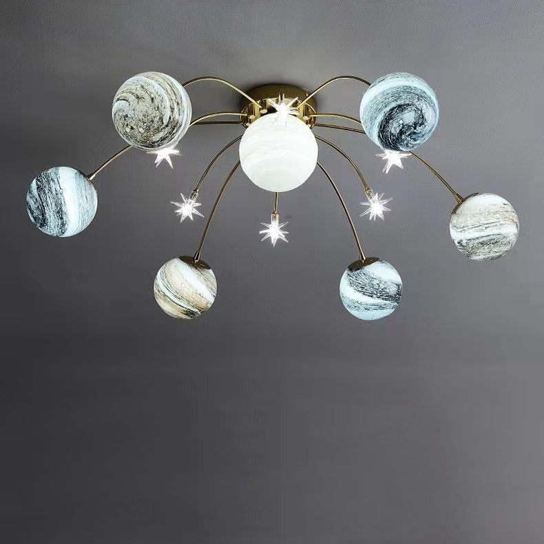 Contemporary Nordic Kids Iron Glass Ball Earth Planet 13-Light Semi-Flush Mount Ceiling Light For Bedroom