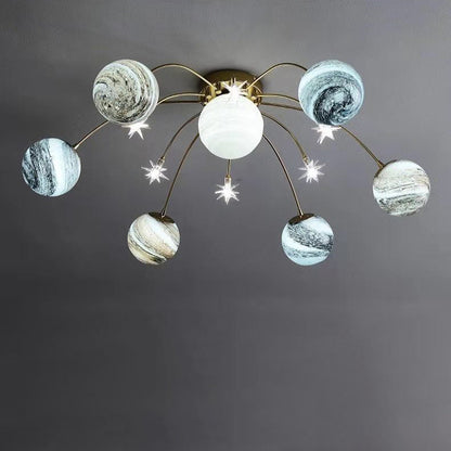 Contemporary Nordic Kids Iron Glass Ball Earth Planet 13-Light Semi-Flush Mount Ceiling Light For Bedroom