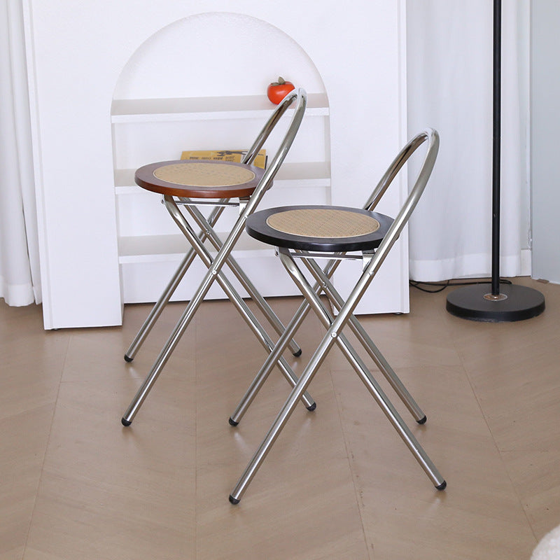 Traditional Vintage Round Solid Wood Wicker Stainless Steel Dining Chair Folding Backrest For Dining Room