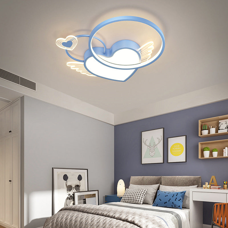 Modern Art Deco Heart Wings Round Acrylic Iron LED Flush Mount Ceiling Light For Bedroom
