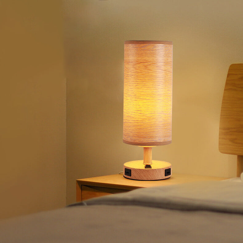 Modern Wood Grain Fabric Shade 1-Light Table Lamp