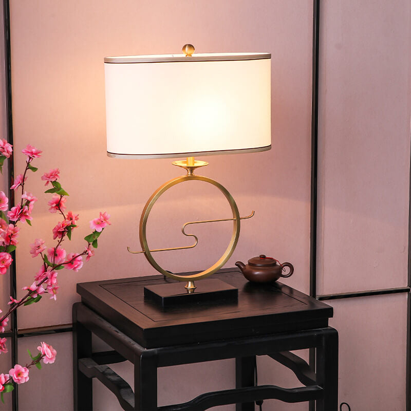 Modern Chinese Brass Ring Base Fabric 1-Light Table Lamp