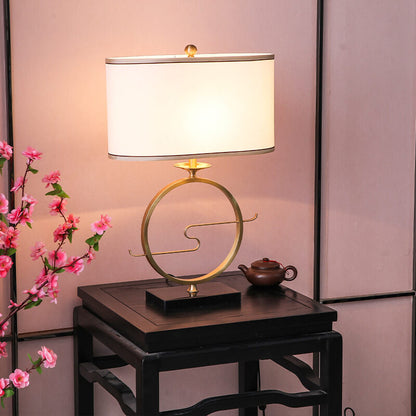 Modern Chinese Brass Ring Base Fabric 1-Light Table Lamp