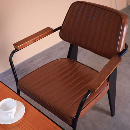 Contemporary Industrial Oil wax Leather Metal Sponge Wood Square Vertical Stripe Dining Chair Backrest Armrest For Dining Room