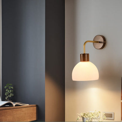 Japanese Walnut Striped Glass Dome 1-Light Wall Sconce Lamp