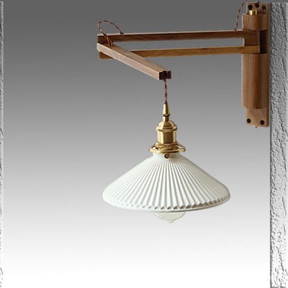Nordic Milk White Striped Glass Walnut Retractable 1-Light Wall Sconce Lamp