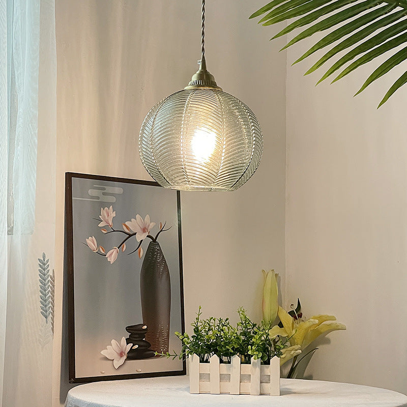Contemporary Creative Round All Brass Striped Glass 1-Light Pendant Light For Living Room