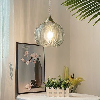 Contemporary Creative Round All Brass Striped Glass 1-Light Pendant Light For Living Room