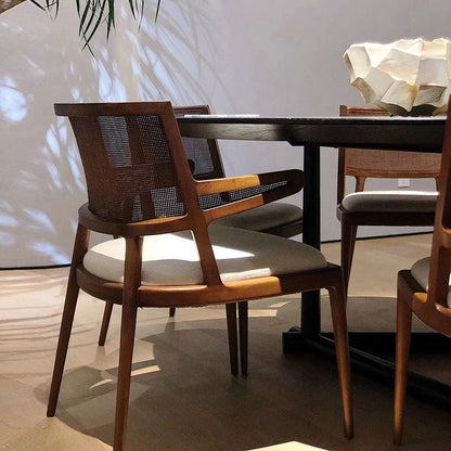 Traditional Chinese Square Wood Weaving Microfiber Leather Dining Chair Four Legs Backrest Armrest For Dining Room