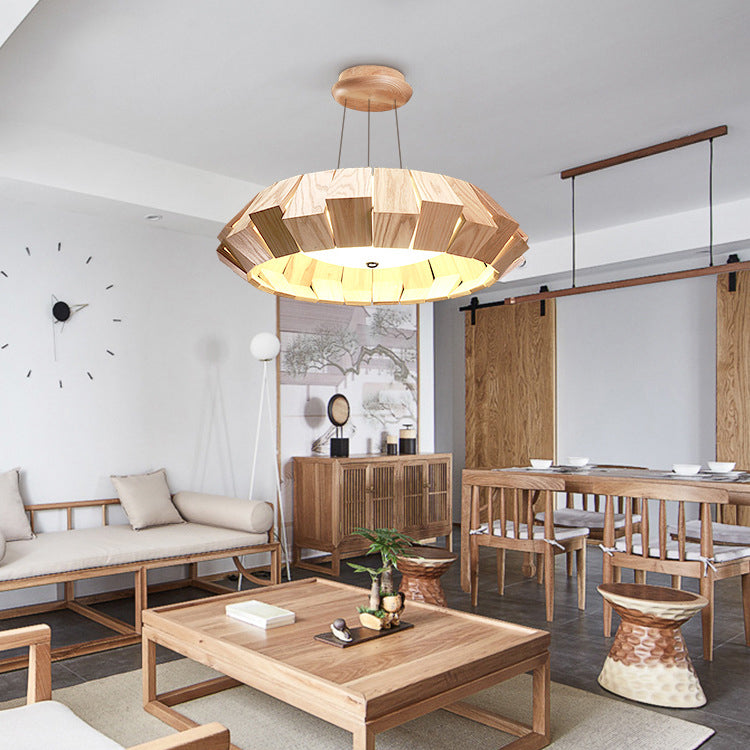 Contemporary Scandinavian Round Flying Saucer Wood Glass LED Chandelier For Living Room