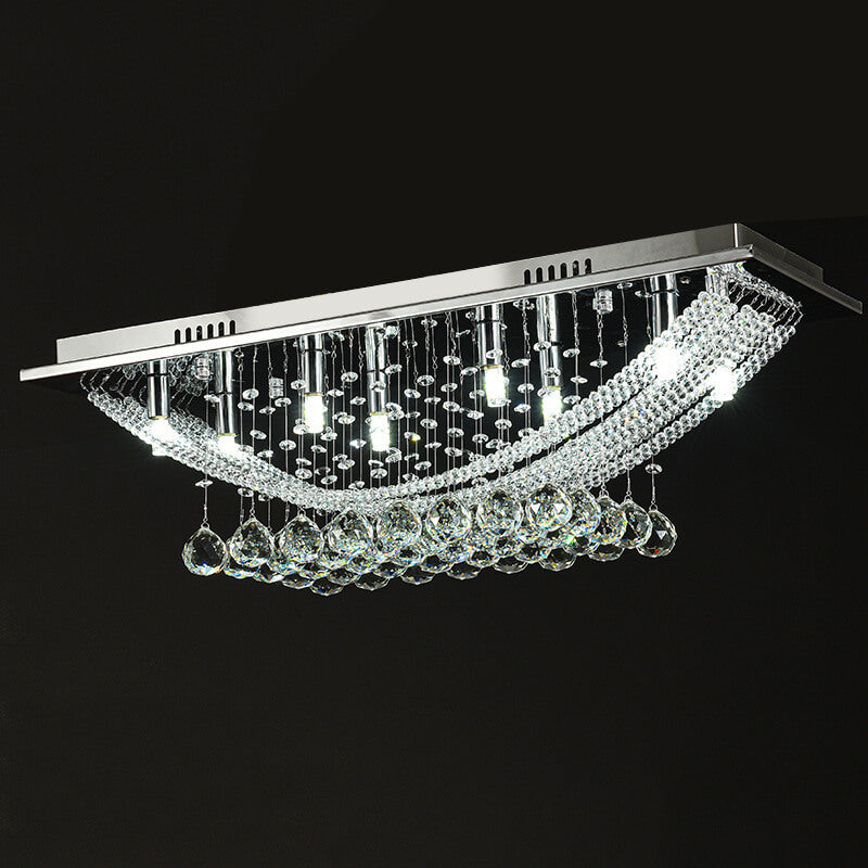 European Luxury Crystal Bead Curtain Rectangular Stainless Steel 8-Light Flush Mount Ceiling Light