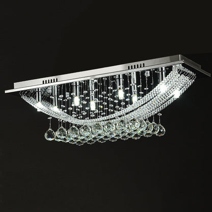 European Luxury Crystal Bead Curtain Rectangular Stainless Steel 8-Light Flush Mount Ceiling Light