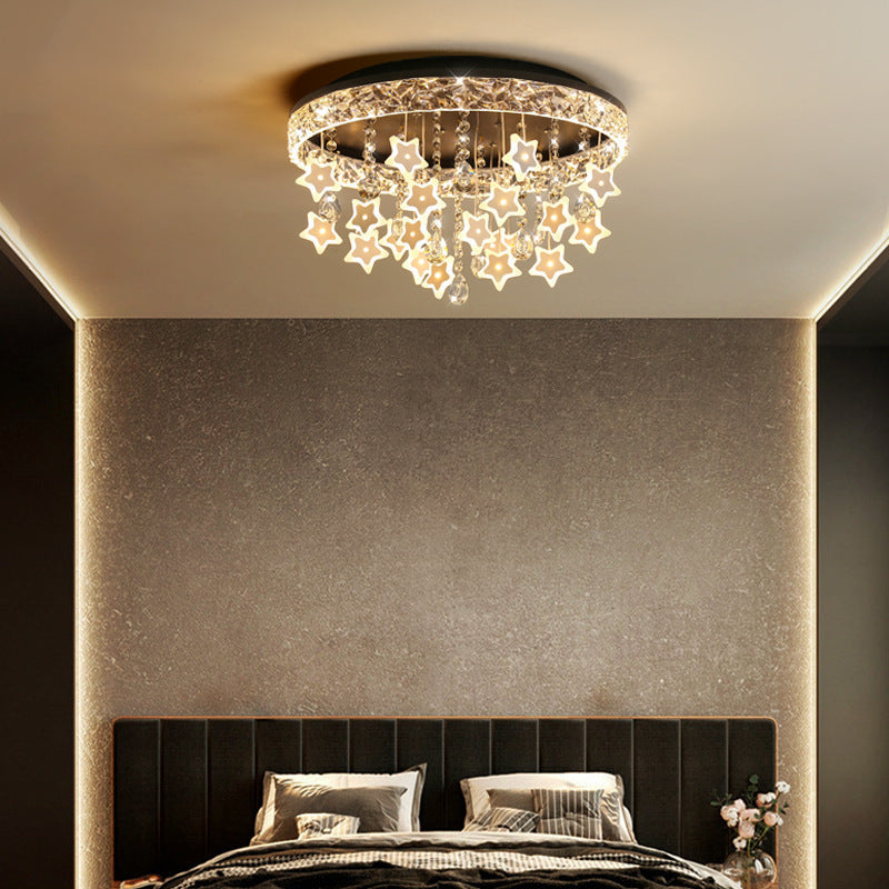Contemporary Nordic Kids Iron Acrylic Crystal Round Star Pendant LED Flush Mount Ceiling Light For Bedroom