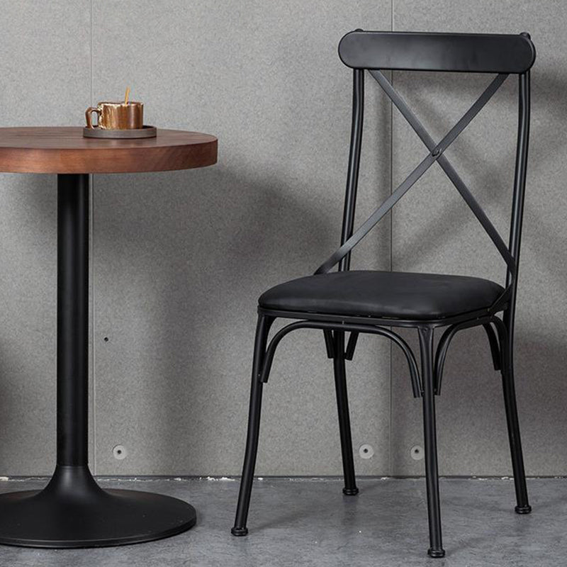 Contemporary Industrial PU Leather Wood Iron Square X Shape Back Dining Chair & Table Set For Dining Room