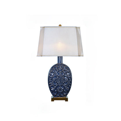 Traditional Chinese Oval Ceramic Fabric Lampshade Copper Base 1-Light Table Lamp For Living Room