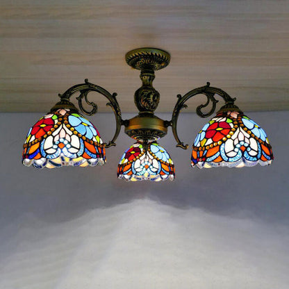 Traditional European Tiffany Iron Stained Glass 3/5/6-Light Semi-Flush Mount Light