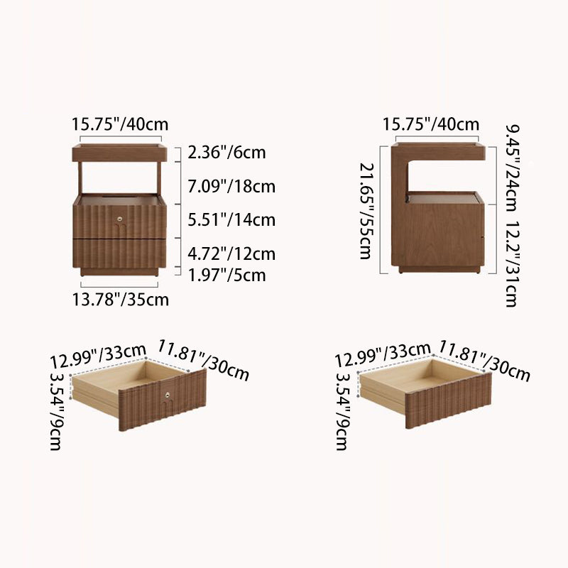 Contemporary Nordic Rectangular Solid Wood Tempered Glass Zinc Alloy Nightstand 2-Drawer For Bedroom