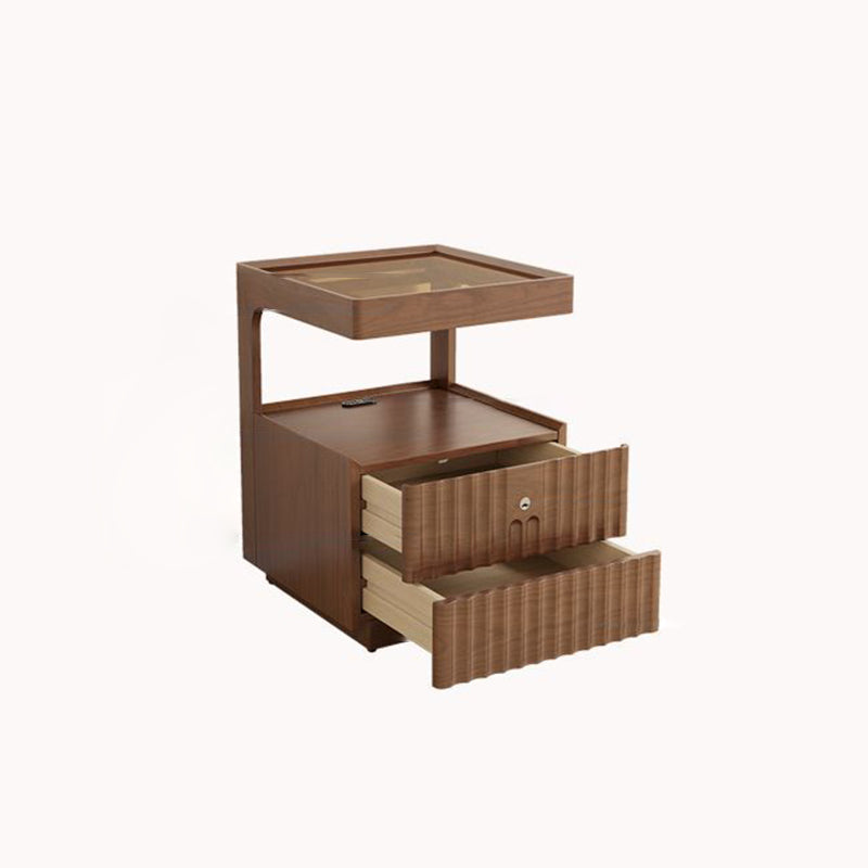 Contemporary Nordic Rectangular Solid Wood Tempered Glass Zinc Alloy Nightstand 2-Drawer For Bedroom