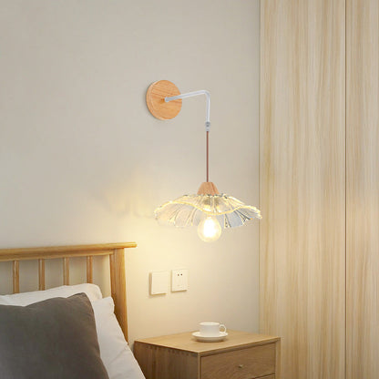 Modern Chinese Glass Lotus Leaf Flower Walnut 1-Light Wall Sconce Lamp