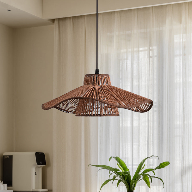 Traditional Vintage Weaving Iron Paper Rope Hat Cylinder 1-Light Pendant Light For Dining Room