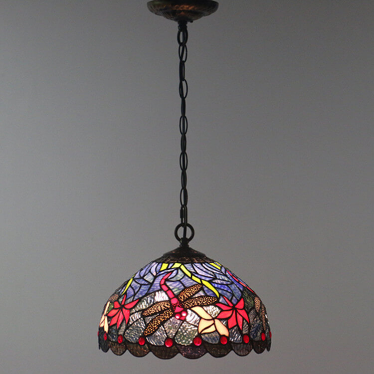 Tiffany Vintage Butterfly Stained Glass Dome 1-Light Pendant Light