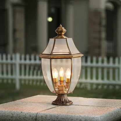 European Luxury All Copper Clear Glass Lantern Post 1/3 Light Waterproof Patio Landscape Light