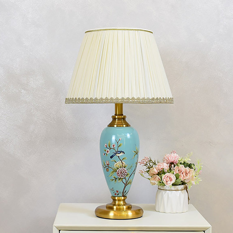 Traditional Chinese Bird And Flower Cylinder Hardware Ceramic Fabric 1-Light Table Lamp For Bedroom