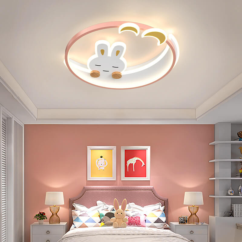Modern Creative Cartoon Rabbit Iron Round LED Kids Flush Mount Ceiling Light