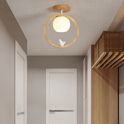Modern Japanese Minimalist Log Bird Round 1-Light Semi-Flush Mount Ceiling Light
