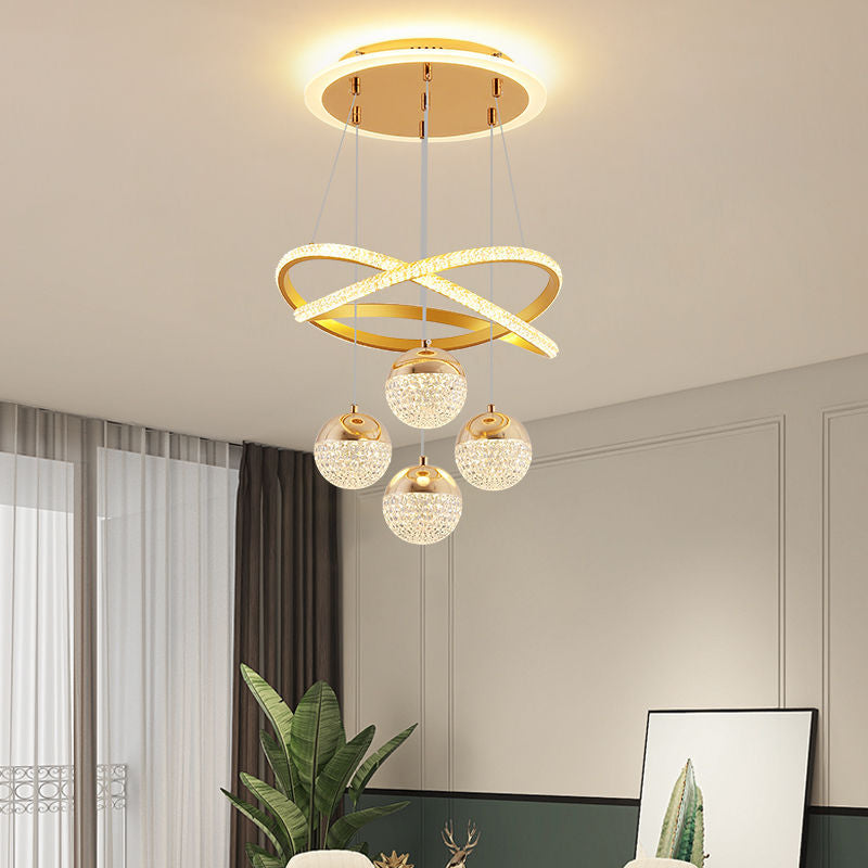 ثريا LED كروية من الأكريليك بتصميم شرائط ألومنيوم دوارة فاخرة حديثة لغرفة المعيشة 