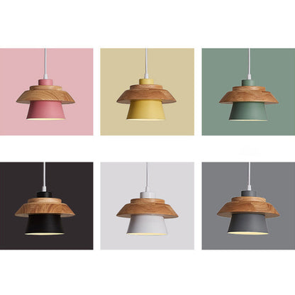 Modern Minimalist Macaron Disc Round Wooden Iron 1-Light Pendant Light For Living Room