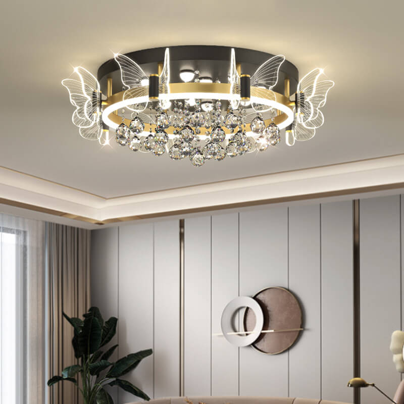 Modern Luxury Radiant Crystal Strings Butterfly Embellishment Round Shade LED Flush Mount Ceiling Light For Living Room