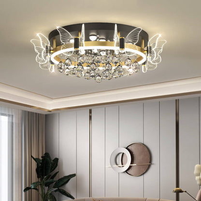 Modern Luxury Radiant Crystal Strings Butterfly Embellishment Round Shade LED Flush Mount Ceiling Light For Living Room