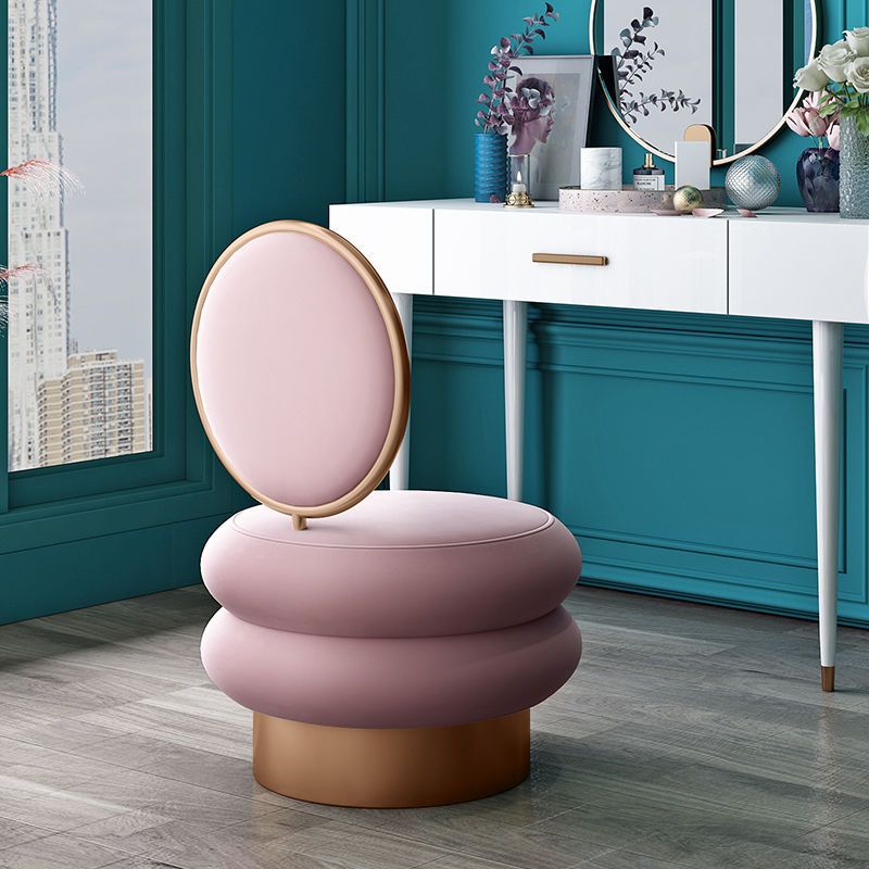 Contemporary Creative Round Fabric Iron Vanity Stool Backrest Armless For Bedroom